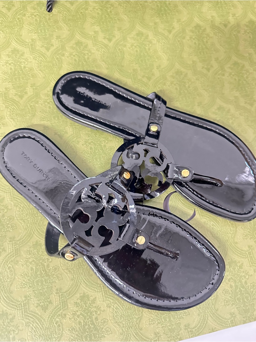 Tory Burch Black Patent Miller Logo Thong Sandals